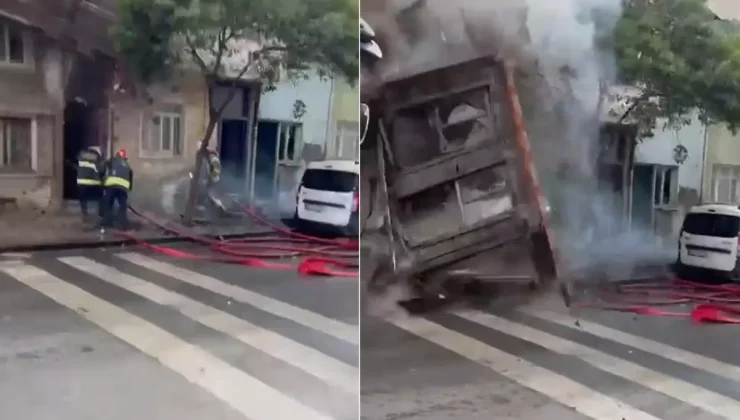 Dehşet anları kamerada! Yanan bina itfaiye erlerinin üzerine çöktü