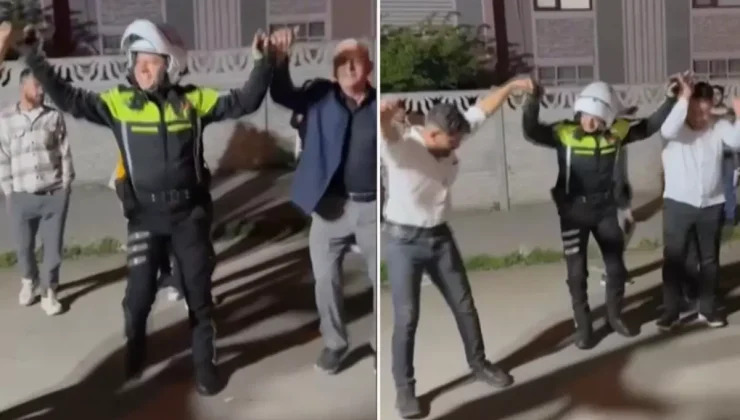 Düzce’de trafik polisi, düğün nedeniyle trafiğe kapanan yolu açtıktan sonra halaya katıldı